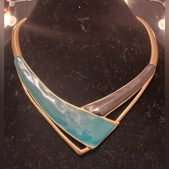 Gold & Blue Enamel Omega  Collar Necklace - Picture 3 of 6